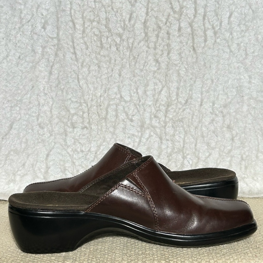 Clarks Womens Brown Leather Slip On Mule Clogs Wedge Shoes SZ US 7 M - Picture 6 of 12